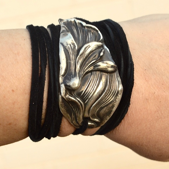 Antique Obsessions Jewelry - Art Nouveau Floral Sterling Leather Cuff Wrap Tie